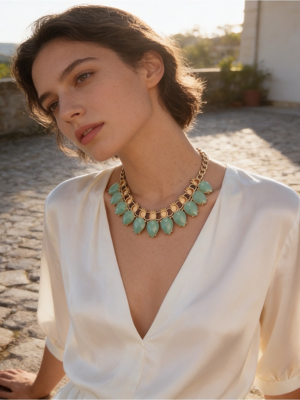 Gold-Tone Mint Green Teardrop Bib Statement Necklace